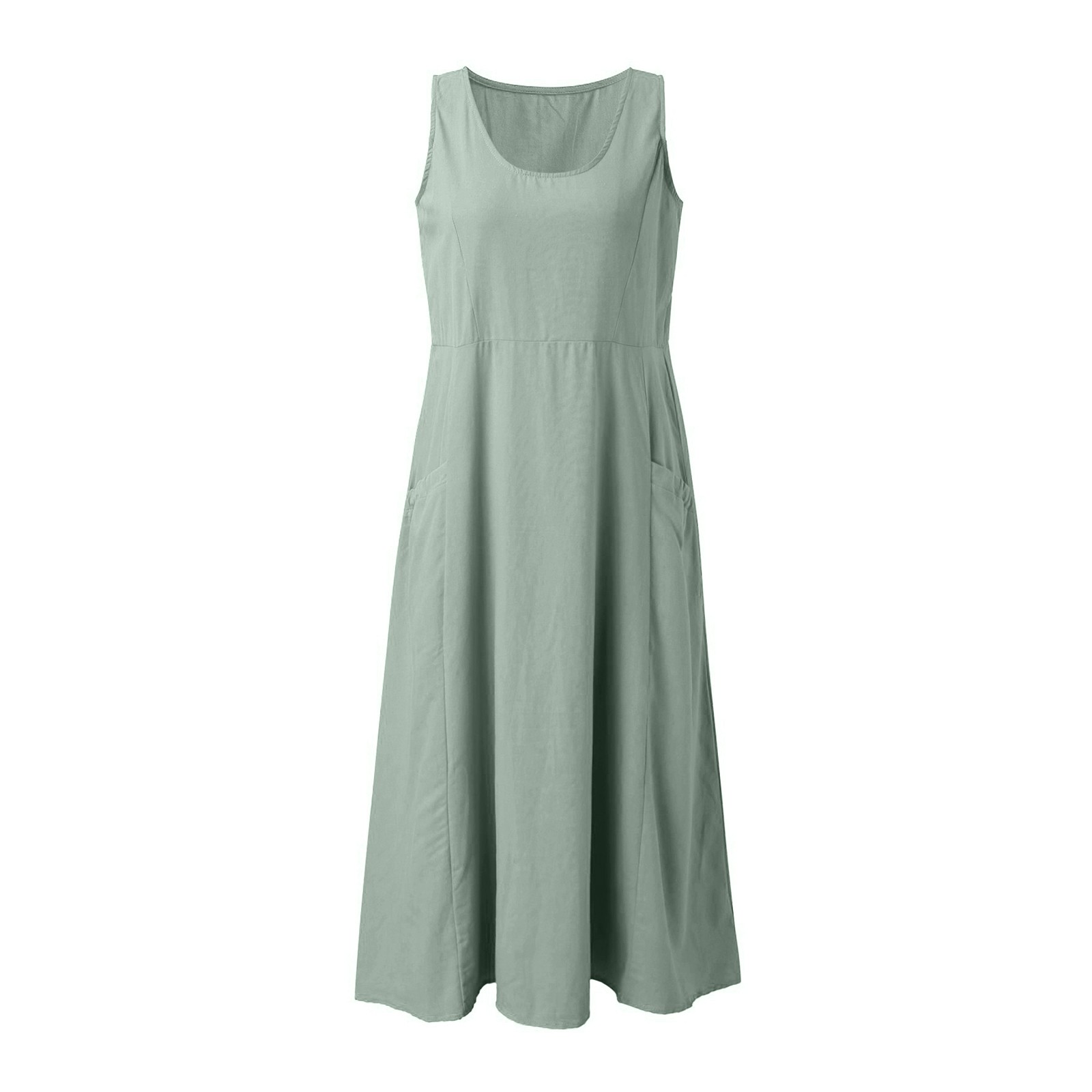 thumbnail image 2 of Vestido largo liso con cuello redondo y bolsillos para mujer: corte holgado informal, transpirable, adecuado para la playa, fiestas y el día a día, tallas S-XXL., 2 of 6